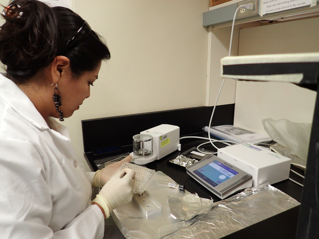 Itzel weighing samples for stable isotope analysis